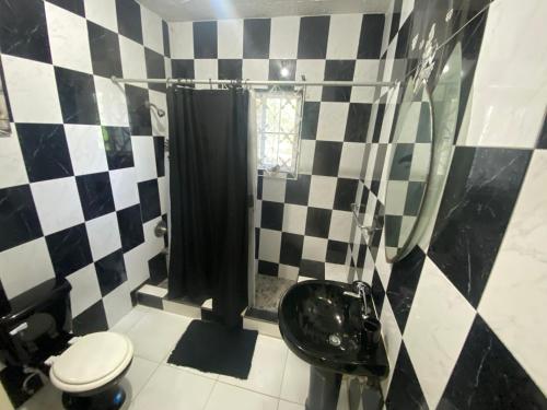 a bathroom with a black and white checkered wall at Chateau la Mel 