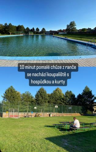 a collage of two pictures of a park with a man sitting on a bench at Cozy wood hut on the farm in Třebívlice