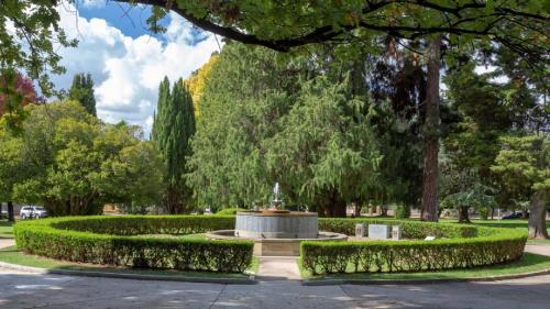 a fountain in a park with bushes and trees at central park boutique apartment in Armidale