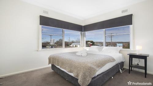 a bedroom with a large bed with a large window at Costa Park Cottage Ena in Armidale