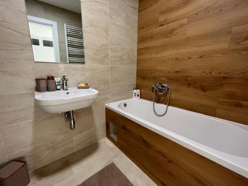 ein Badezimmer mit einem Waschbecken, einer Badewanne und einem Spiegel in der Unterkunft Plava Zvezda Centar Free Garage in Novi Sad