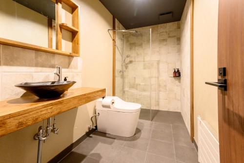 a bathroom with a sink and a toilet and a shower at Iroha Nozawa in Nozawa Onsen