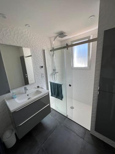 une salle de bain avec un lavabo, une douche et un miroir dans l'établissement Belle Villa, piscine chauffée et proche plages, à Erdeven