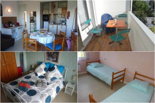 trois photos d'une cuisine et d'un salon avec un lit dans l'établissement T3* Plage/Gare/Centre ~300m +Box-Auto +Fibre/Wifi, à Royan