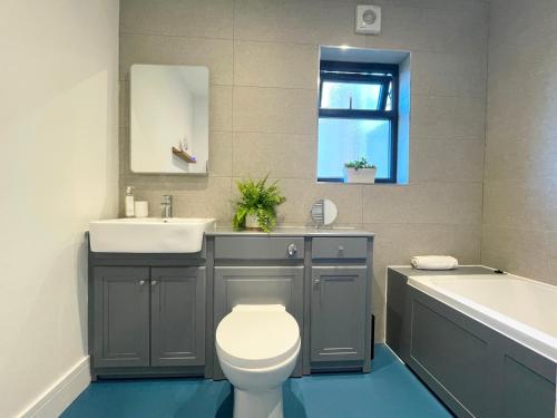 a bathroom with a toilet and a sink and a tub at Bright & Spacious Edwardian Townhouse with Garden in Truro