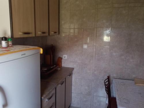 a kitchen with a counter and a tiled wall at Apartment Lake Oasis ''Oko'' in Krnjice