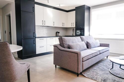 uma sala de estar com um sofá e uma cozinha em Apartamenty Szkolna em Znin