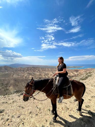 Bokonbayevo的住宿－Yurt camp Sonun，骑着马在山顶上的女人