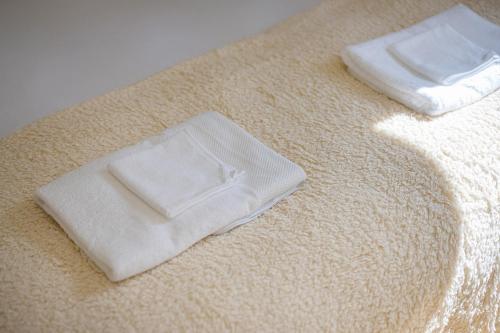 dos toallas blancas sentadas encima de una alfombra en Belmore Affordable 2 Br Granny Flat, en Sídney