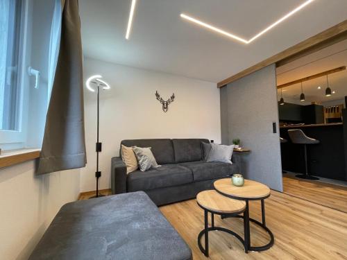 a living room with a couch and a table at Alpenglück - Hinterthal in Hinterthal
