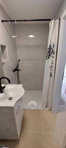 a bathroom with a shower curtain and a sink at JO-MA apartma - CHRG - station and free parking in Ljubljana