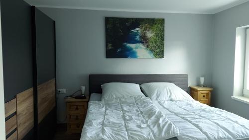 1 cama en un dormitorio con una foto en la pared en Ferienwohnung Otto nähe Stralsund, en Abtshagen
