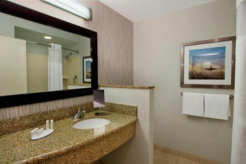 een badkamer met een wastafel en een spiegel bij Courtyard Atlanta Airport West in Atlanta