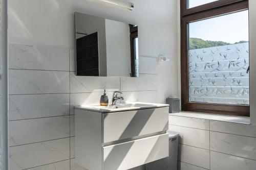 Baño blanco con lavabo y espejo en Apartment Ivana Krško en Krško