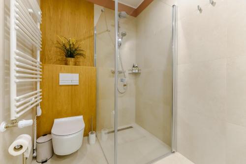 een badkamer met een glazen douche en een toilet bij Apartament WIND SurfingBird Dźwirzyno in Dźwirzyno