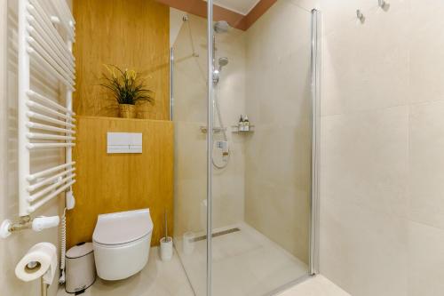 a bathroom with a glass shower and a toilet at Apartament WIND SurfingBird Dźwirzyno in Dźwirzyno