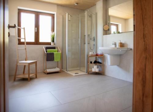 a bathroom with a shower and a sink at Ferienwohnungen Thoma in Königheim