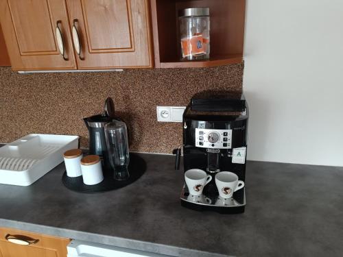 a kitchen counter with a coffee maker and coffee cups at U Bocmana s výhledem na zámek a Labe in Děčín