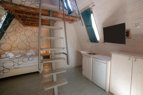 a spiral staircase in a tiny house with a tv at Captain Ikaros in Agios Kirykos