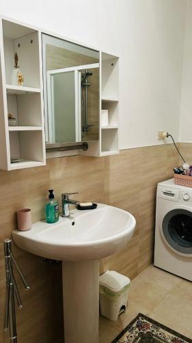 a bathroom with a sink and a washing machine at La casa della Nonna in Codiponte