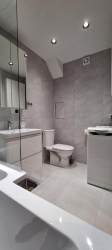 a bathroom with a toilet and a sink and a tub at Apartament na 11go in Płock