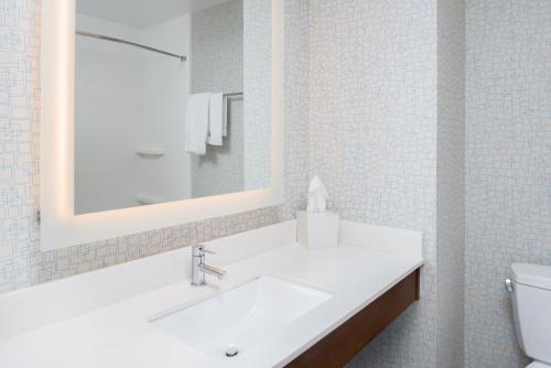 a bathroom with a sink and a mirror and a toilet at Holiday Inn Express Hotel & Suites Bismarck by IHG in Bismarck