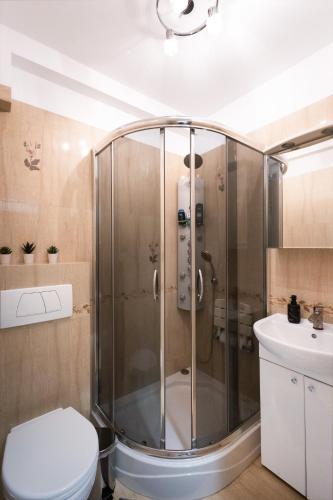 a bathroom with a shower with a toilet and a sink at ClickTheFlat Muranów Apart Rooms in Warsaw