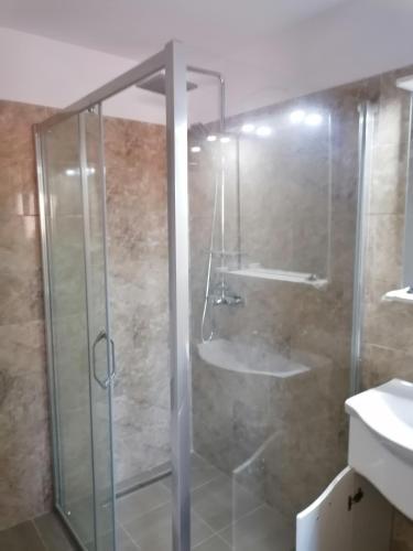 a bathroom with a shower and a sink at La Casuță in Dubova