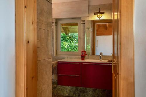 a bathroom with a red sink and a mirror at Weingut Lieselehof Apt Rosengarten in Caldaro