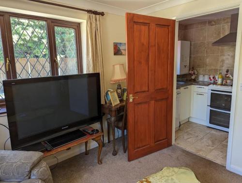 a living room with a flat screen tv and a kitchen at Self-catering guest annex in Norwich