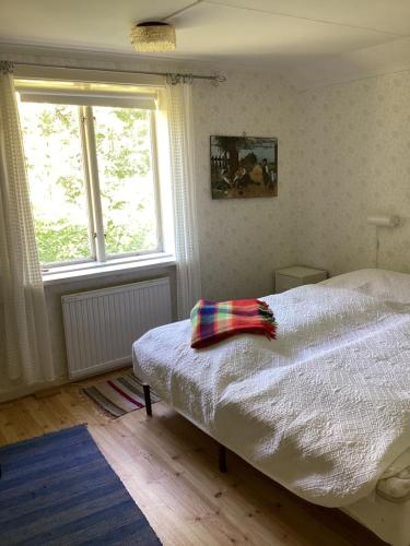 a bedroom with a bed and two windows at Parhus i Rönneshytta in Rönneshytta