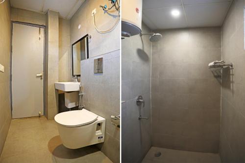 two pictures of a bathroom with a toilet and a shower at Hotel Silver Velvet "Unmarried couple and local ID allowed" in New Delhi