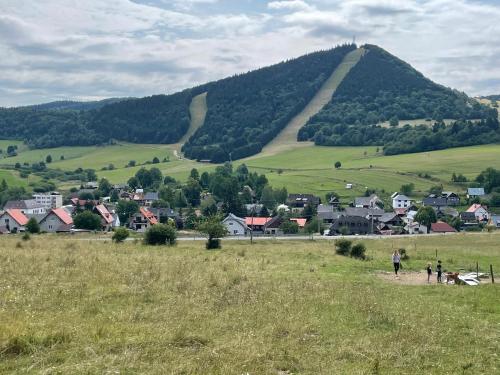 a group of people walking in a field with a mountain at Chalupa Čičmany in Čičmany