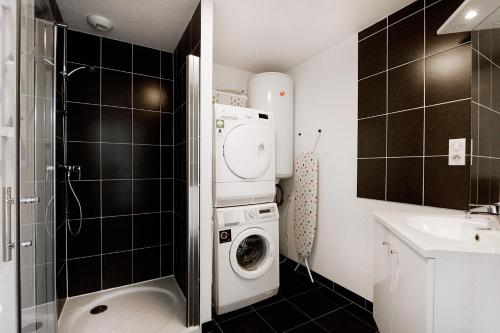 a bathroom with a washing machine and a sink at L'évasion - Charmant appt pour 4 in La Bresse