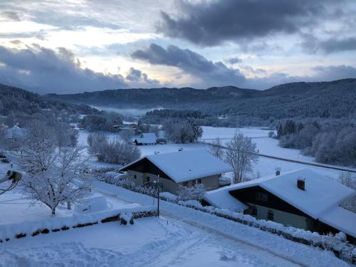 a house covered in snow in the mountains at Cozy Apartment with a wonderful Panoramic View in Schiefling am See