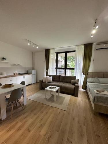 ein Wohnzimmer mit einem Sofa und einem Tisch in der Unterkunft BeGreat in Belgrad