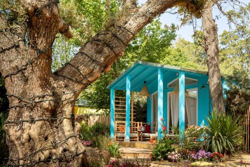 a blue tiny house next to a tree at Dunas Luxury Beach Resort Tarifa in Tarifa
