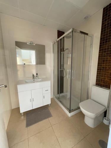 a bathroom with a shower and a toilet and a sink at Duplex con piscina individual y vistas al mar en Torrevieja in Torrevieja
