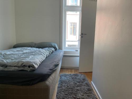 a bedroom with a bed and a window and a rug at Dali Oslo center apartment in Oslo