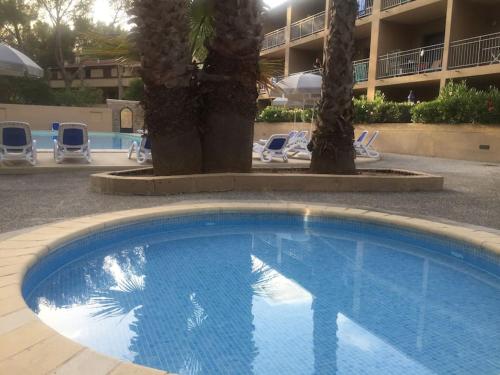 a large blue swimming pool with palm trees and chairs at Les Appartements de La Marina in Sanary-sur-Mer