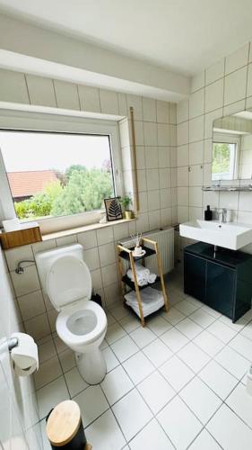 a bathroom with a toilet and a sink and a window at Schöne Wohnung "Bethel" in Bad Hersfeld in Bad Hersfeld