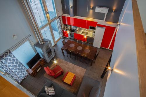 an overhead view of a kitchen and a living room at Hyvärilä Youth- and Holiday Centre in Nurmes