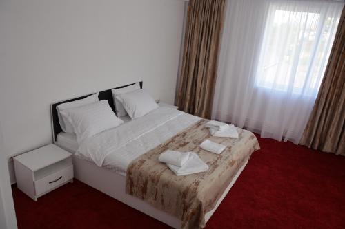 的住宿－Pensiunea Maria Mihăești，一间卧室配有一张带白色床单的床和一扇窗户。