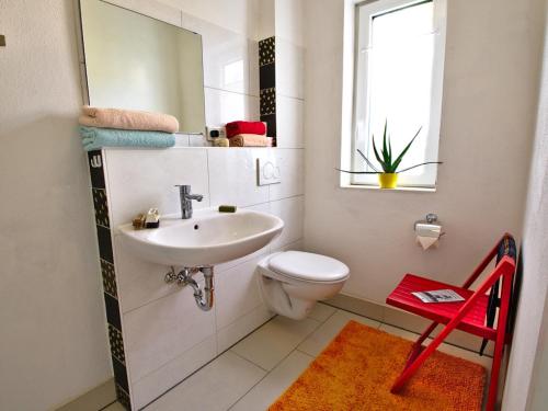 a bathroom with a sink and a toilet and a window at Jurte in Bayern – spirituelle Reise ins Keltenland in Neuburg an der Donau