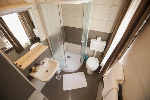 a small bathroom with a shower and a toilet at Sweet Dreams Rooms and Apartments Postojna in Postojna