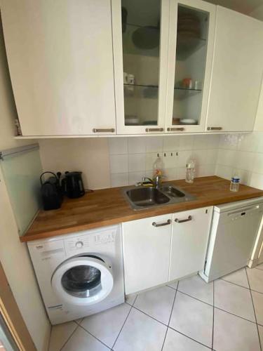 een keuken met een wastafel en een wasmachine bij Cosy flat in Boulogne in Boulogne-Billancourt