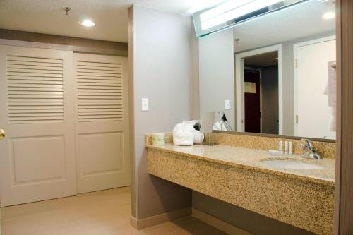 a bathroom with a sink and a large mirror at Courtyard Waterbury Downtown in Waterbury