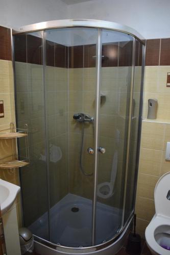 a shower with a glass door in a bathroom at Penzión na gazdovskom dvore in Dolný Kubín