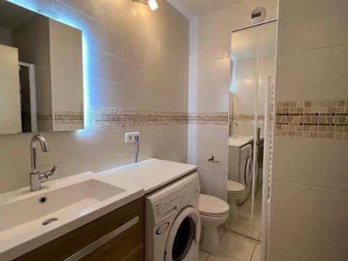 une salle de bain avec un lavabo et une machine à laver dans l'établissement Studio lumineux avec balcon à Aix-les-Bains, proche centre-ville, classé 2** étoiles! - FR-1-555-38, à Aix-les-Bains