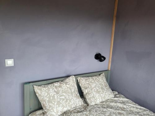 1 cama con 2 almohadas y una lámpara en la pared en Oddih pr Toniqu en Most na Soči